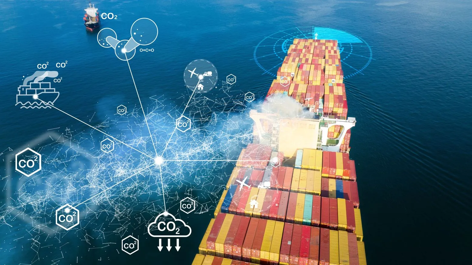 Cargo ship at sea with digital overlay of CO2 emissions symbols and data connections, highlighting environmental impact.