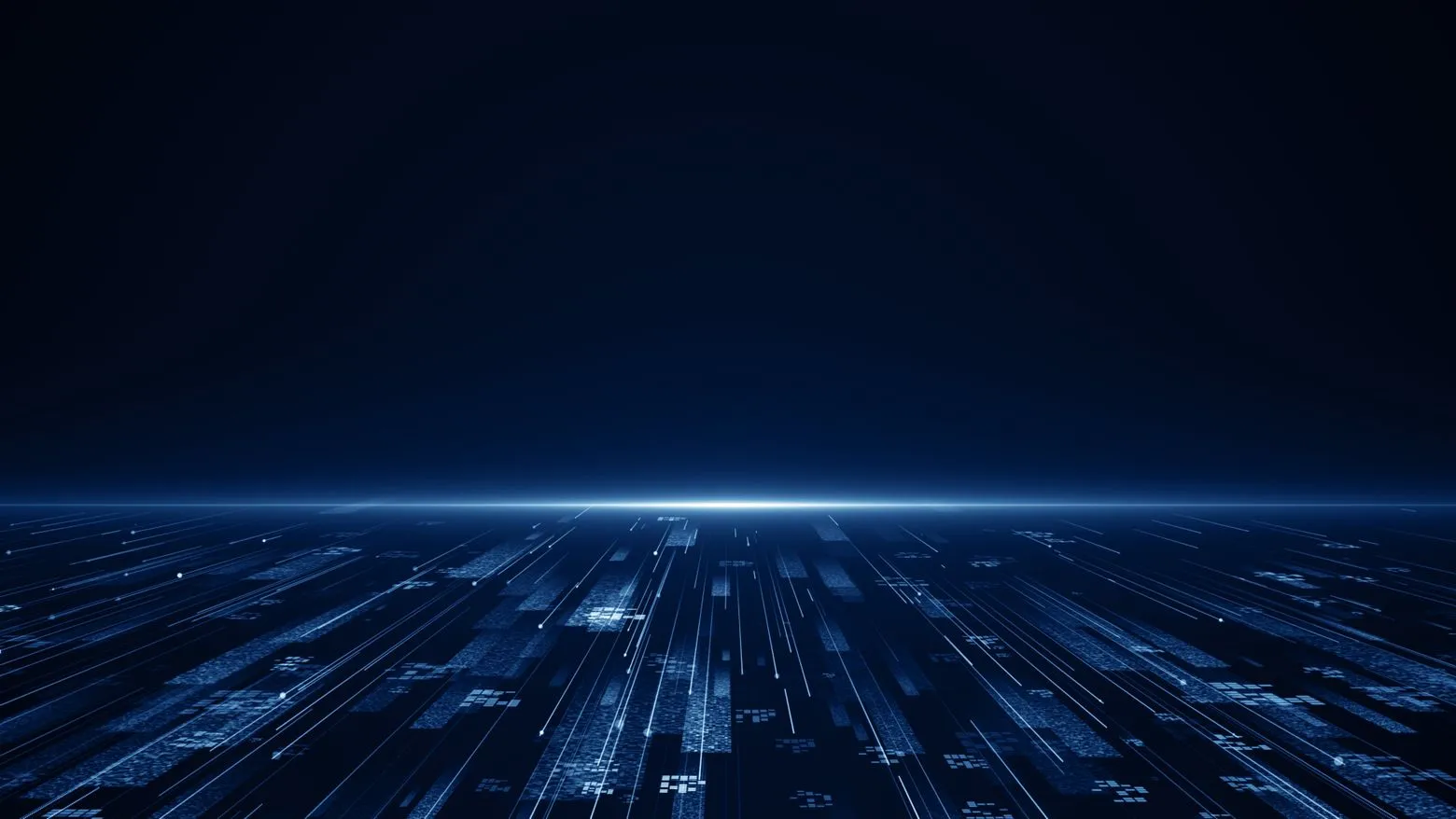 Abstract digital landscape with blue lines and glowing elements extending towards the horizon on a dark background.