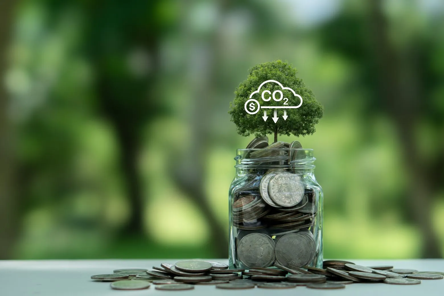 A tree grows from a jar filled with coins, symbolizing financial growth and environmental sustainability, with CO2 and dollar icons above.