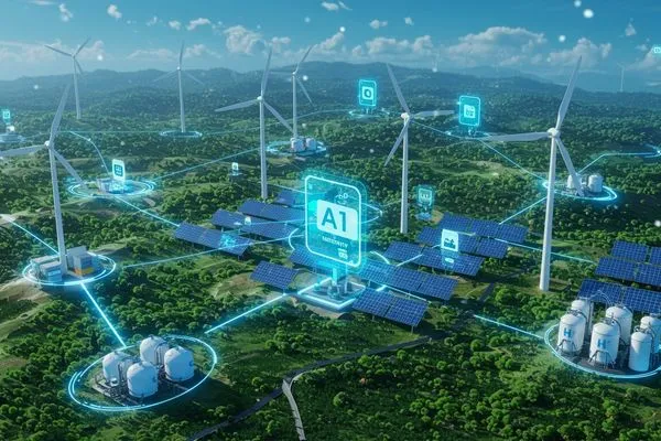 A futuristic landscape with wind turbines, solar panels, and digital interfaces, illustrating a connected renewable energy network.