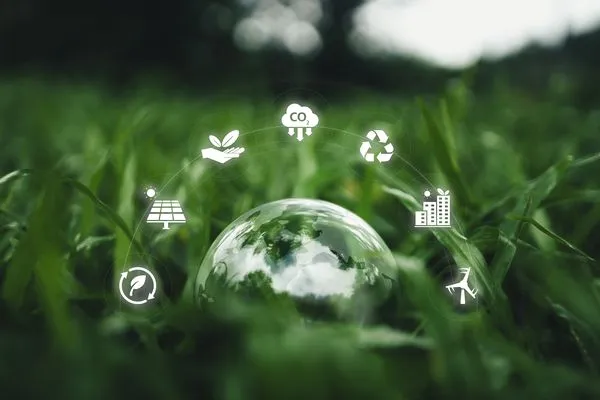 A glass globe on grass surrounded by eco-friendly icons: plant, CO2, recycling, solar panel, building, and question mark.
